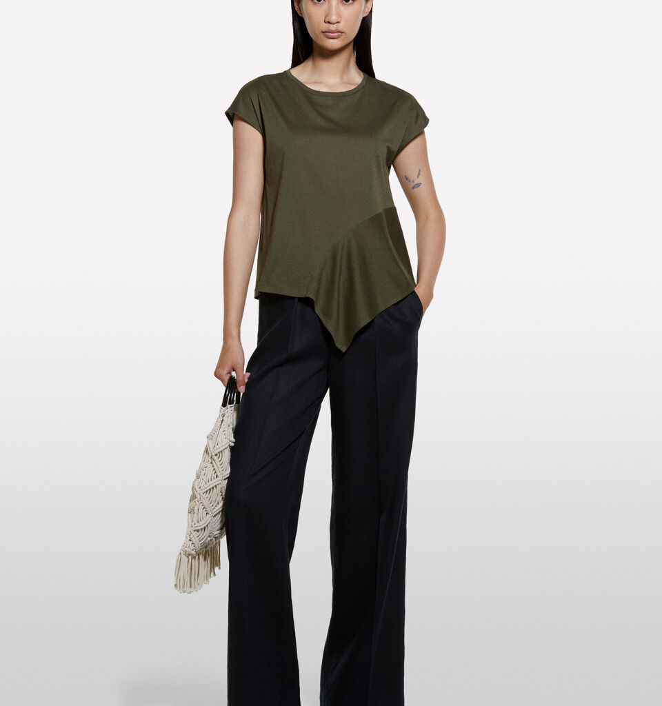 T-shirt with asymmetric flounce - women's short sleeve t-shirts - Military Green | Sisley image number 1